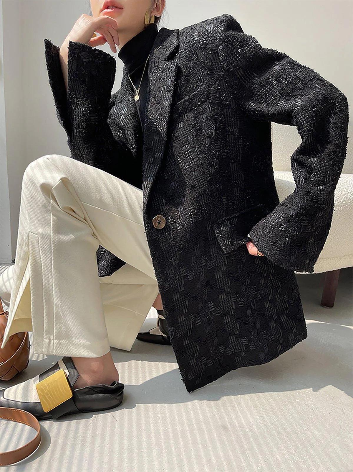 Women Black Wool Blazer,Oversize Wool suit jacket,Loose one button woolen Blazer,Tweed wool blazer Coat,Autumn Wool Suit,Winter Wool Coat,